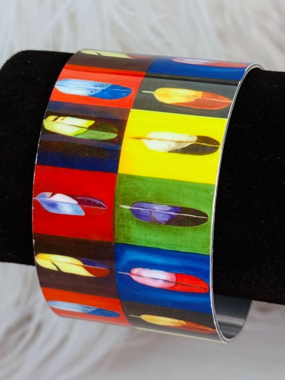 Colorful Feather Pattern vibrant colored wide cuff Bracelet